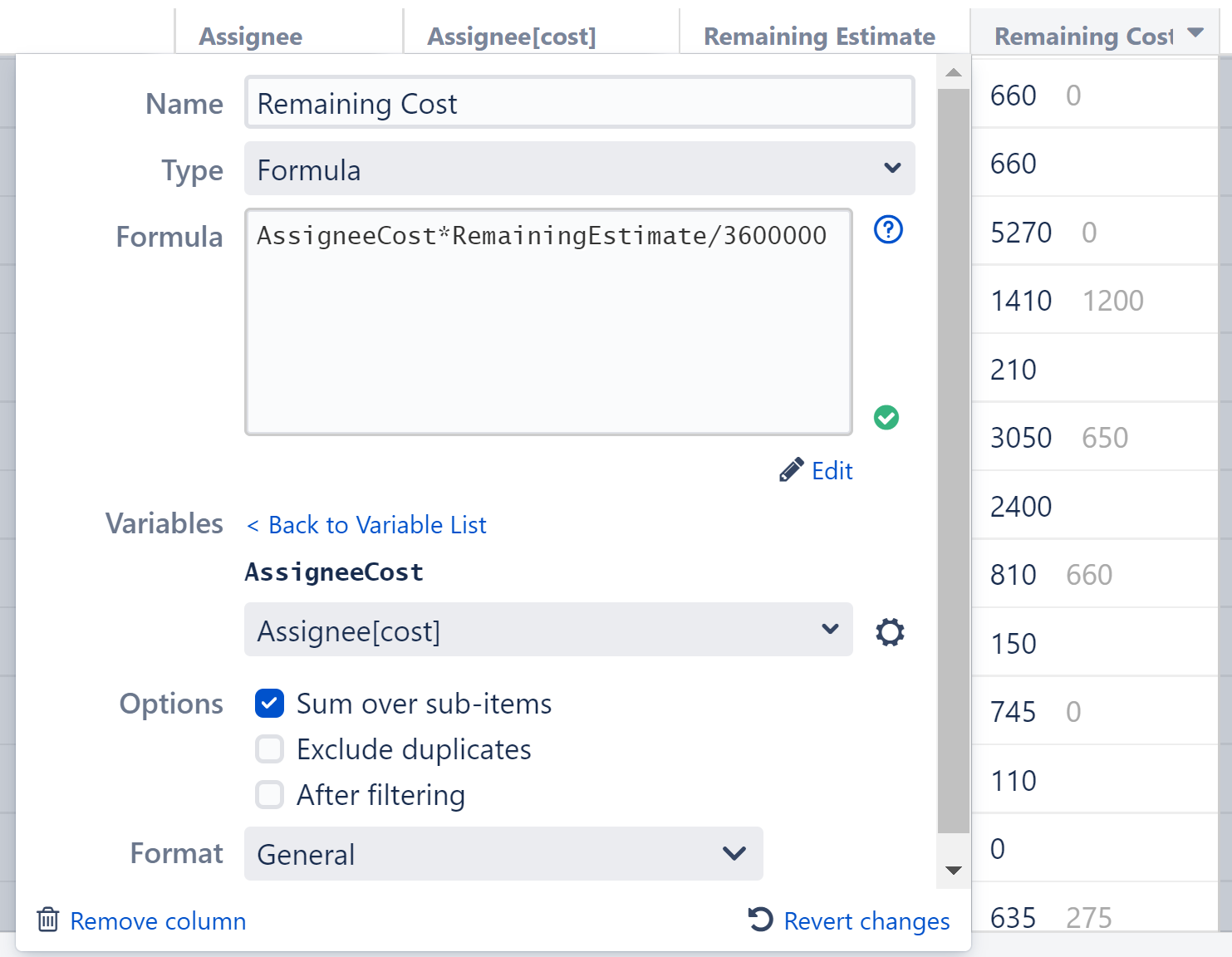 Calculate Remaining Cost with a Formula Column