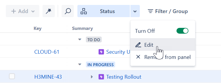 Editing a group from the Filters and Groups panel