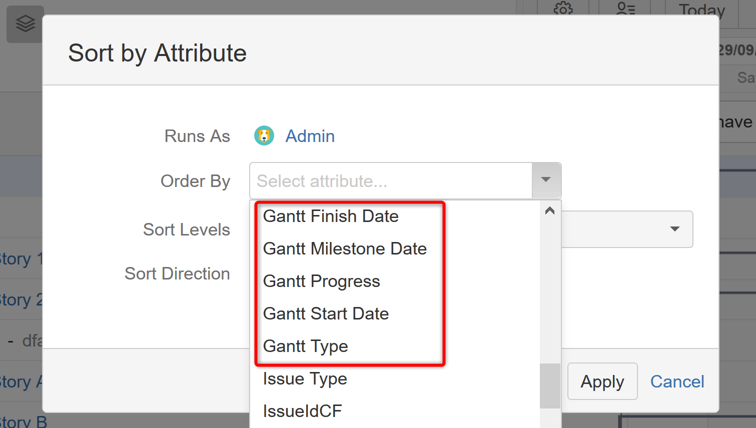 Selecting Gantt attributes