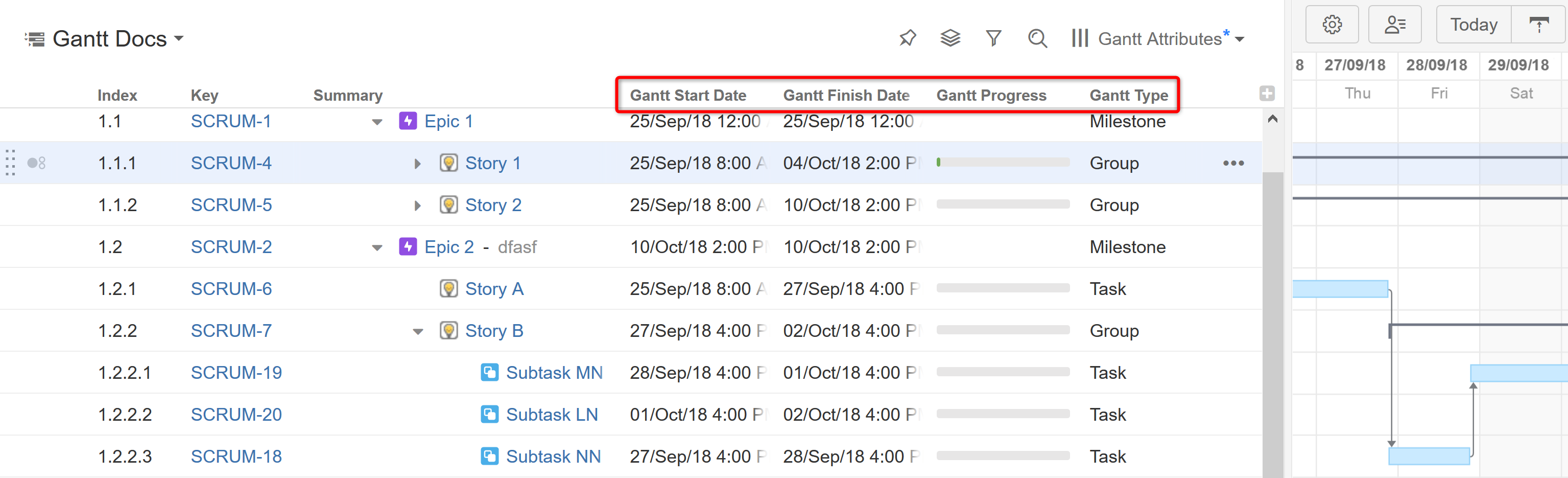 Gantt Attributes as Structure columns