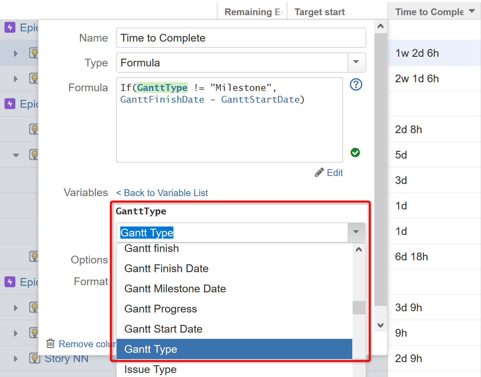 Using Gantt Attributes in Structure formulas