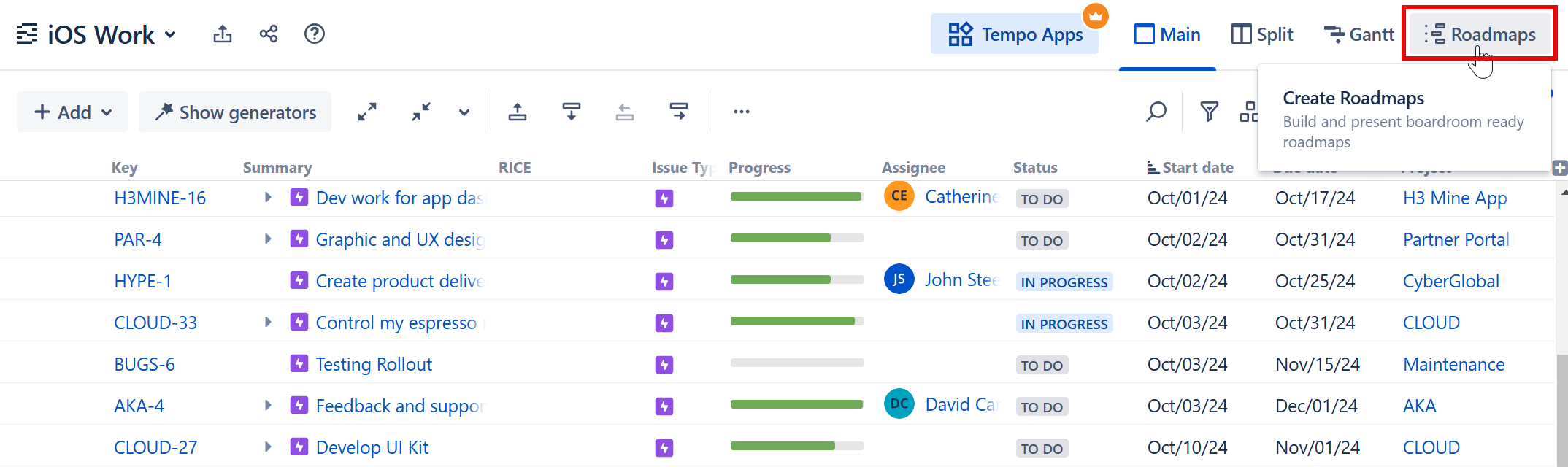 Clicking the Roadmaps button in Structure