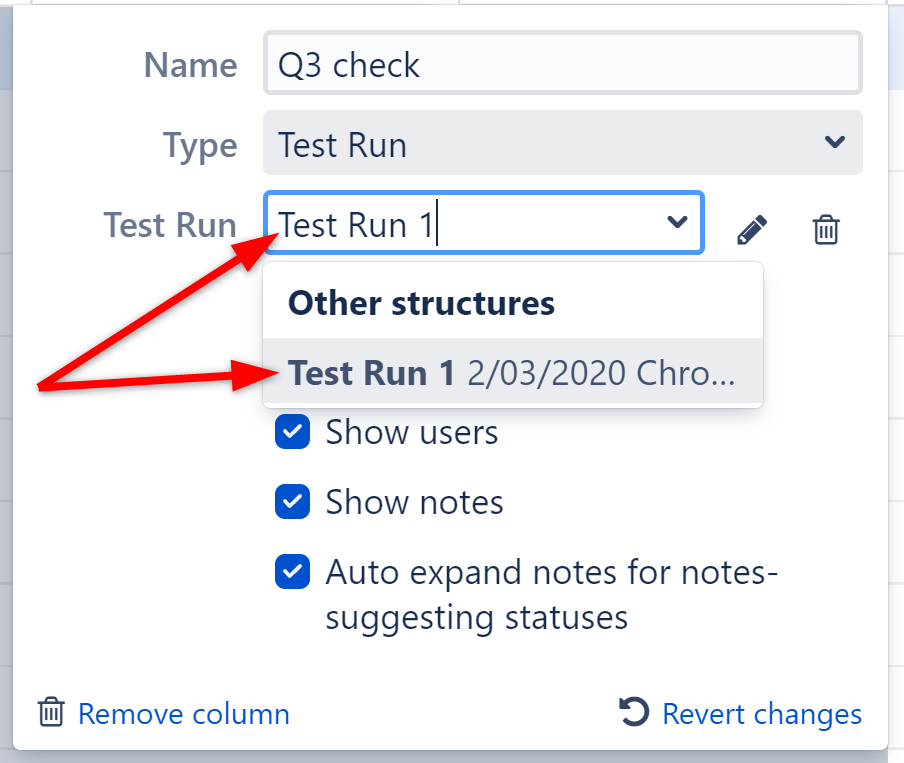 Selecting test run from another structure