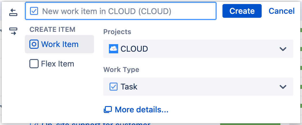 Create work item screen