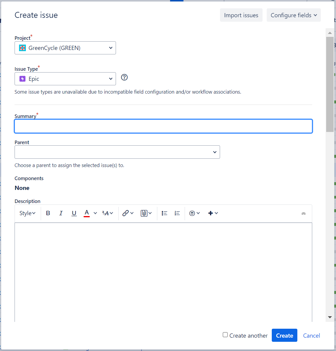 Jira's Create Issue screen