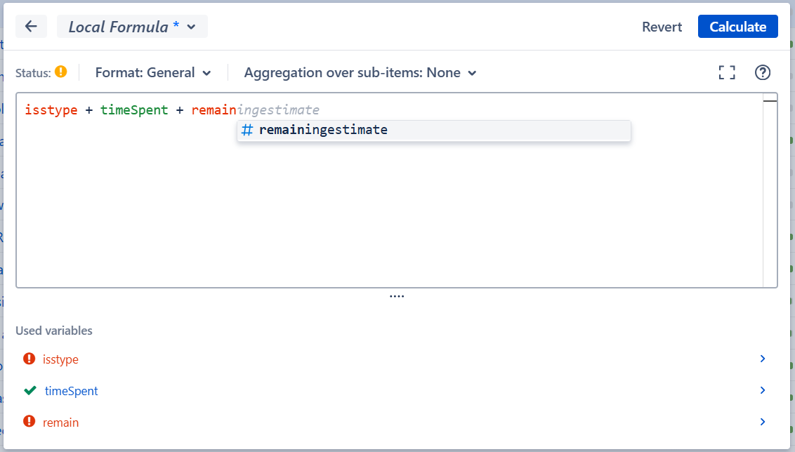 Formula editor suggesting a variable as you type