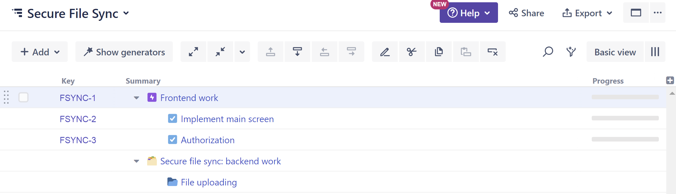 Project plan with Flex Items converted to Jira issues