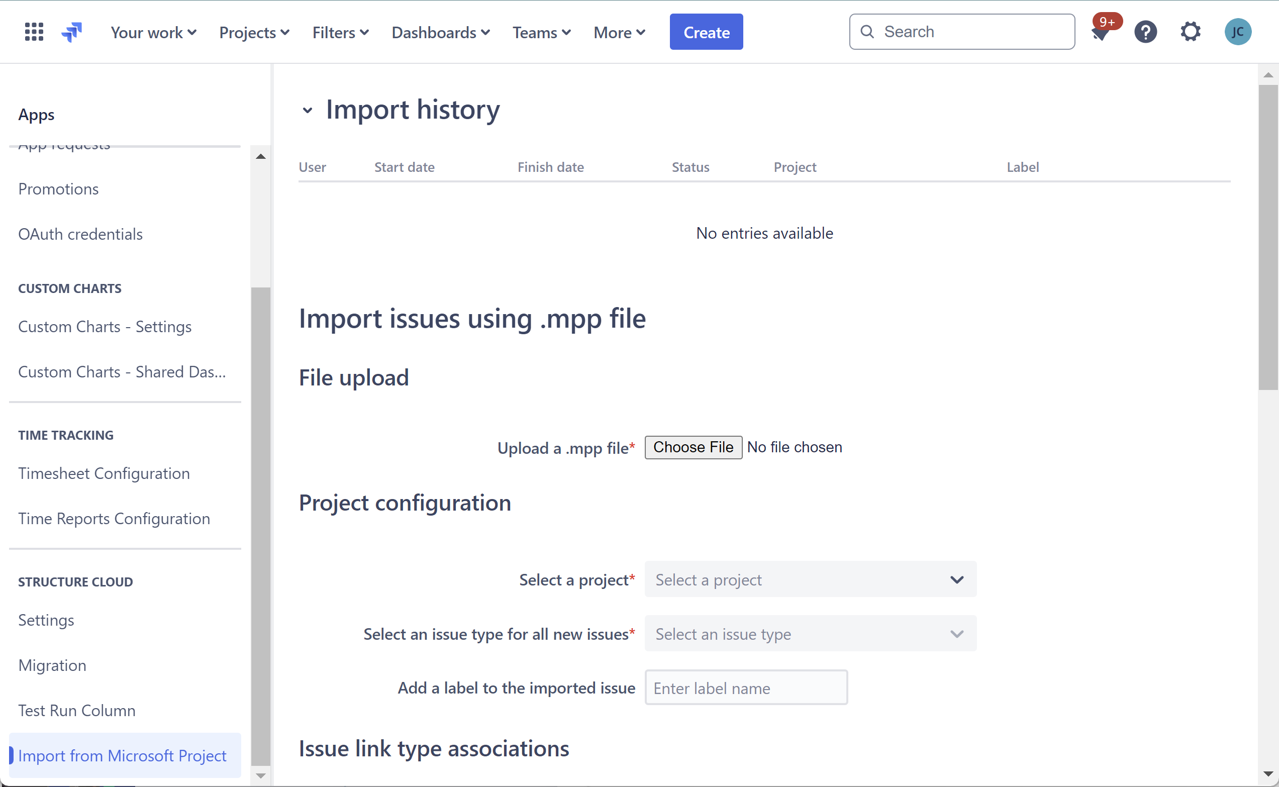 The Import from Microsoft Project screen