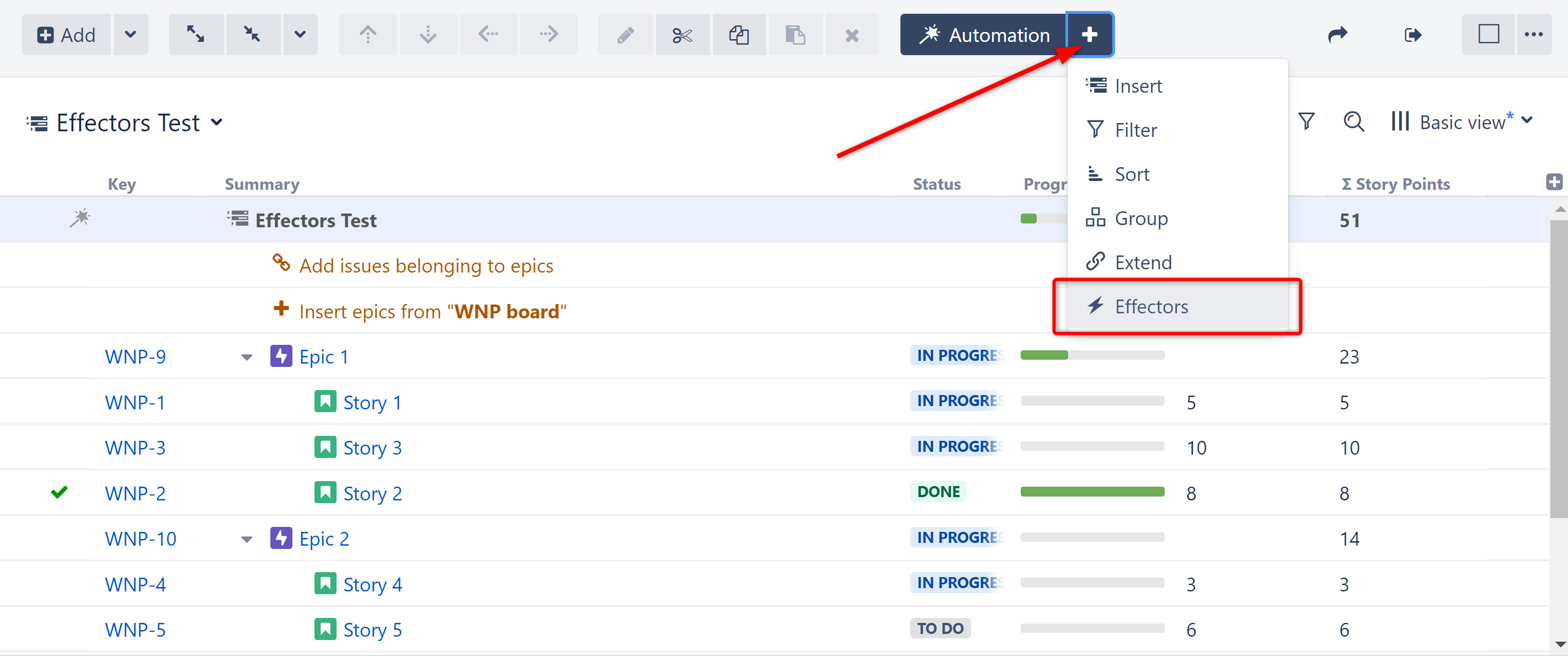 Selecting Effectors in the Automation Menu