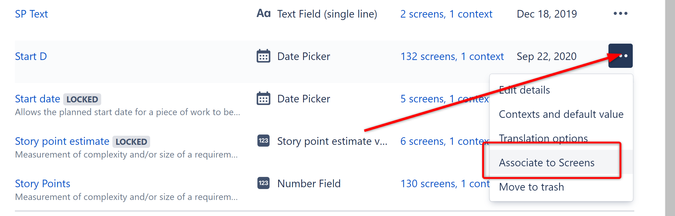 Associate a custom field to screens