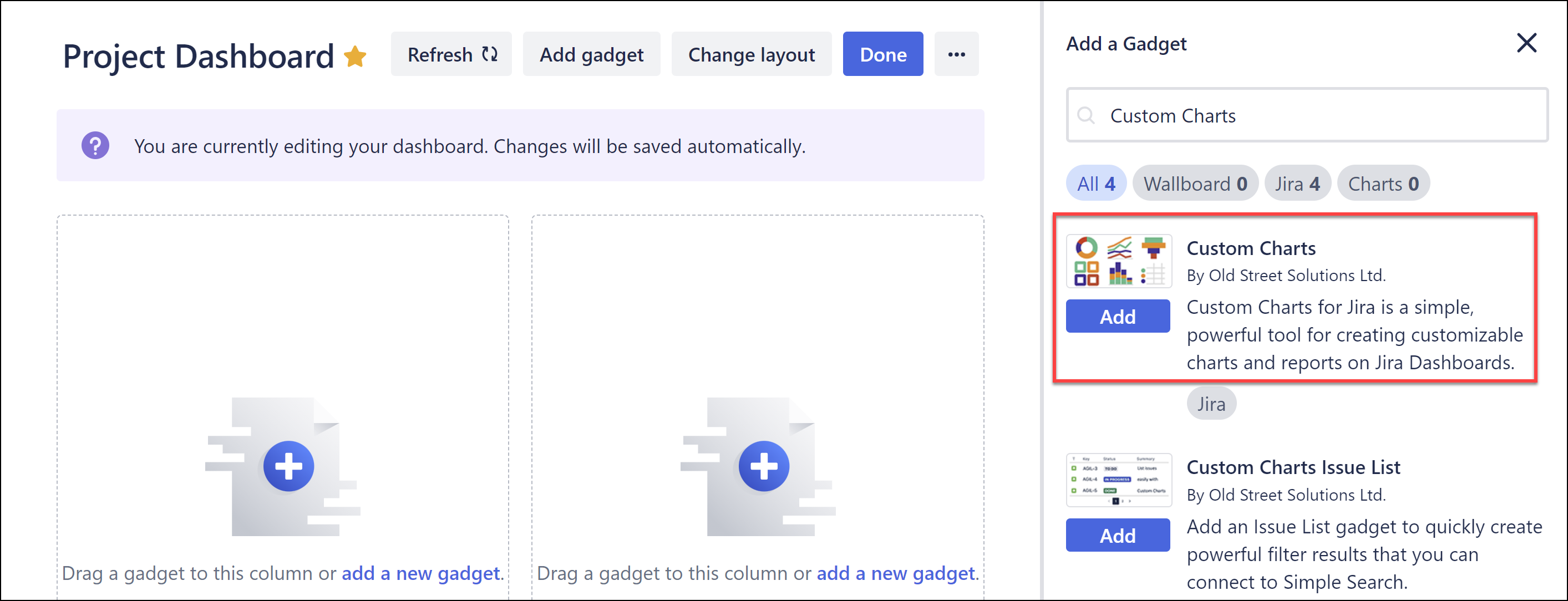 Adding a Custom Charts gadget to the Jira dashboard