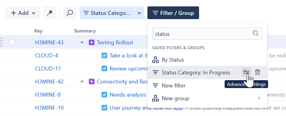 Edit a filter from the Saved Filters and Groups list
