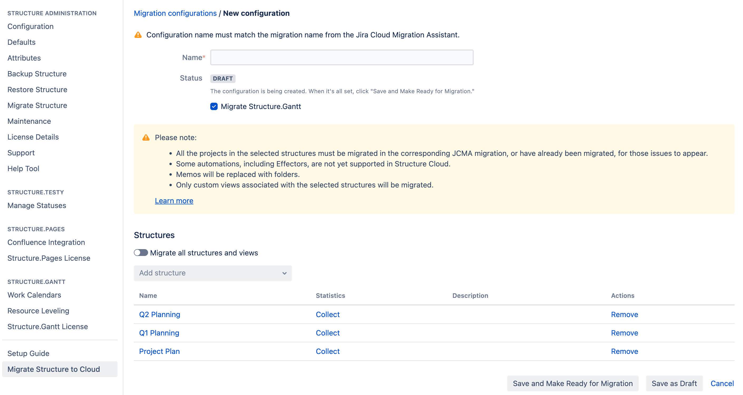 Structure Migration Configuration screen