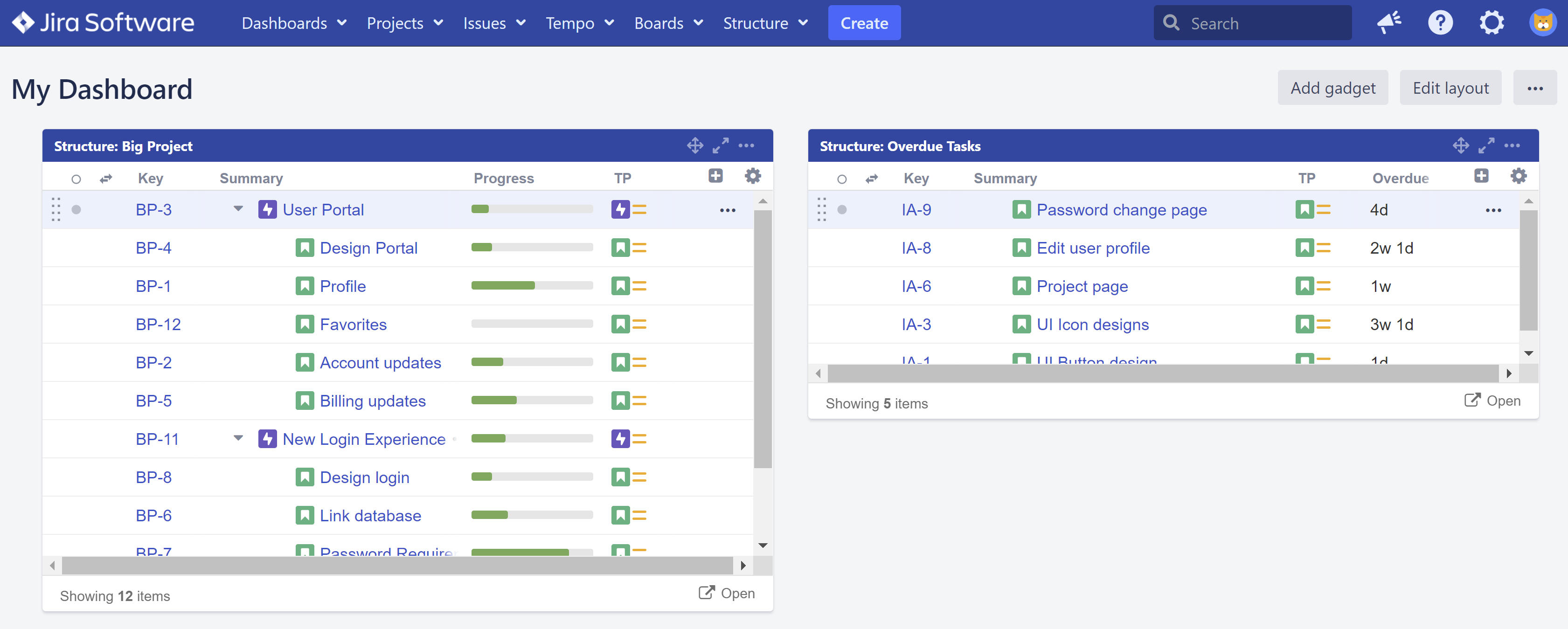 Structure on the Jira Dashboard screen