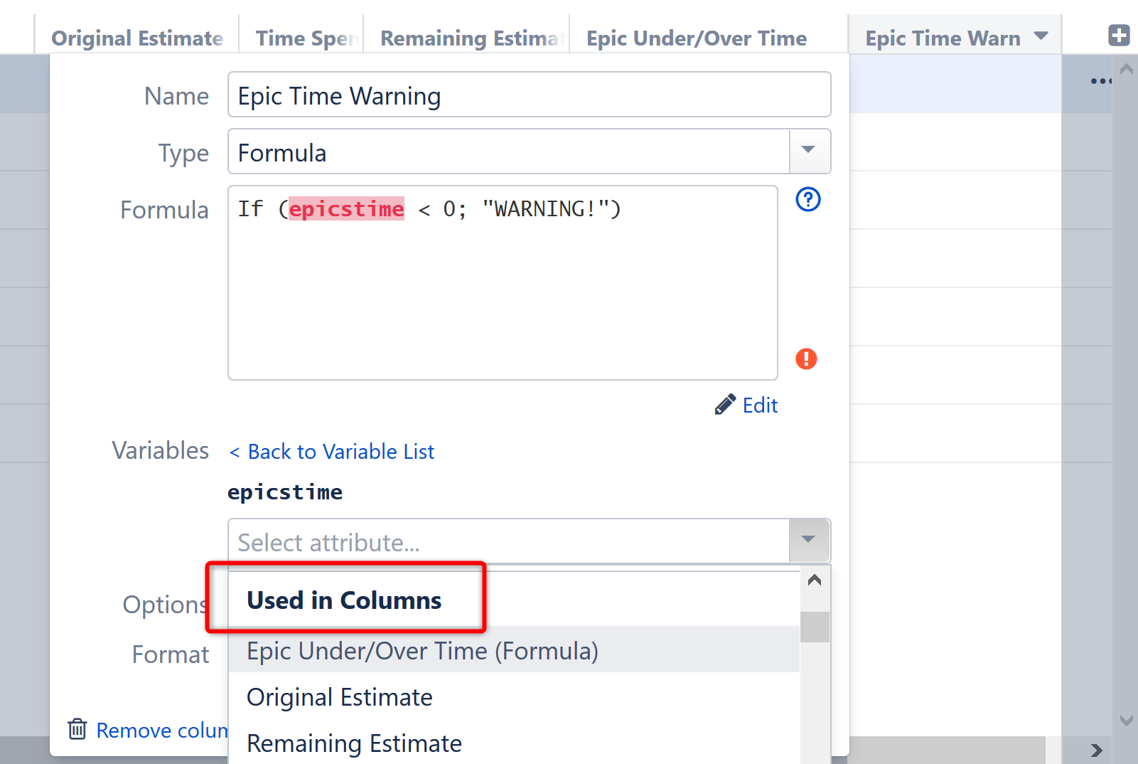 Mapping a variable to another column in the formula edit