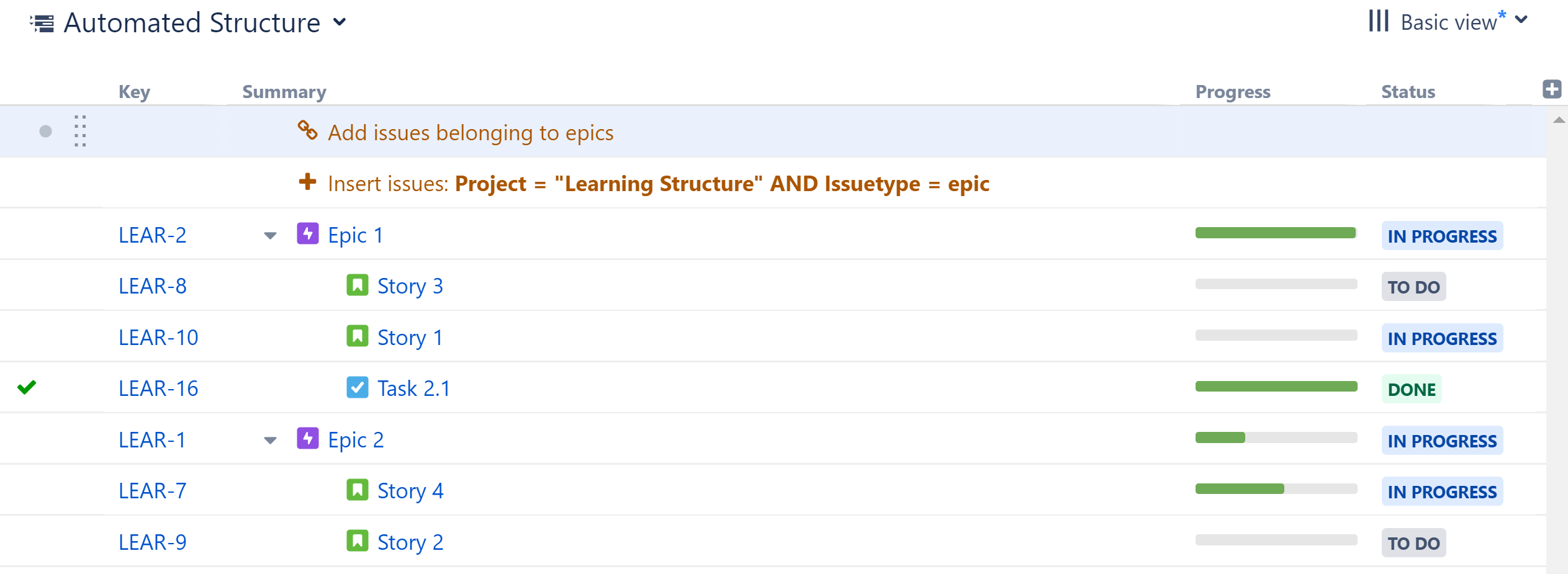 Automated Structure with stories under epics