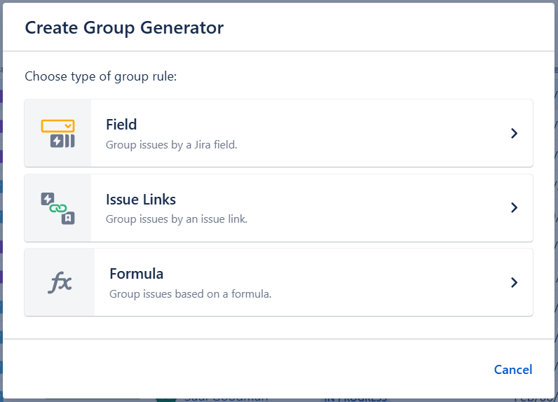 Group generator selection screen