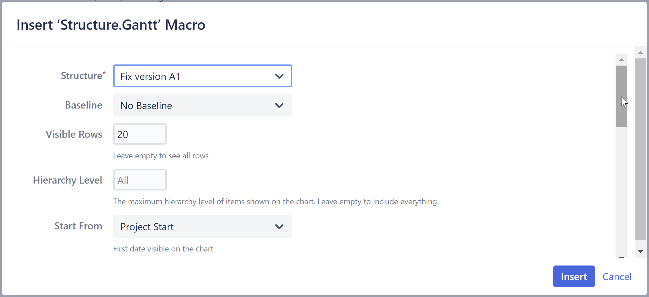 Structure.Gantt macro configuration screen