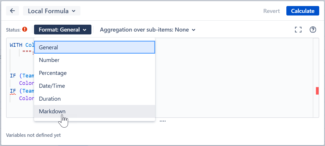 Selecting markdown format for a formula