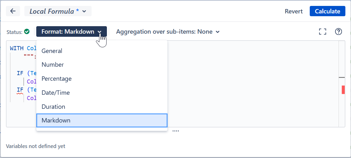 Selecting the Markdown format in the Formula editor