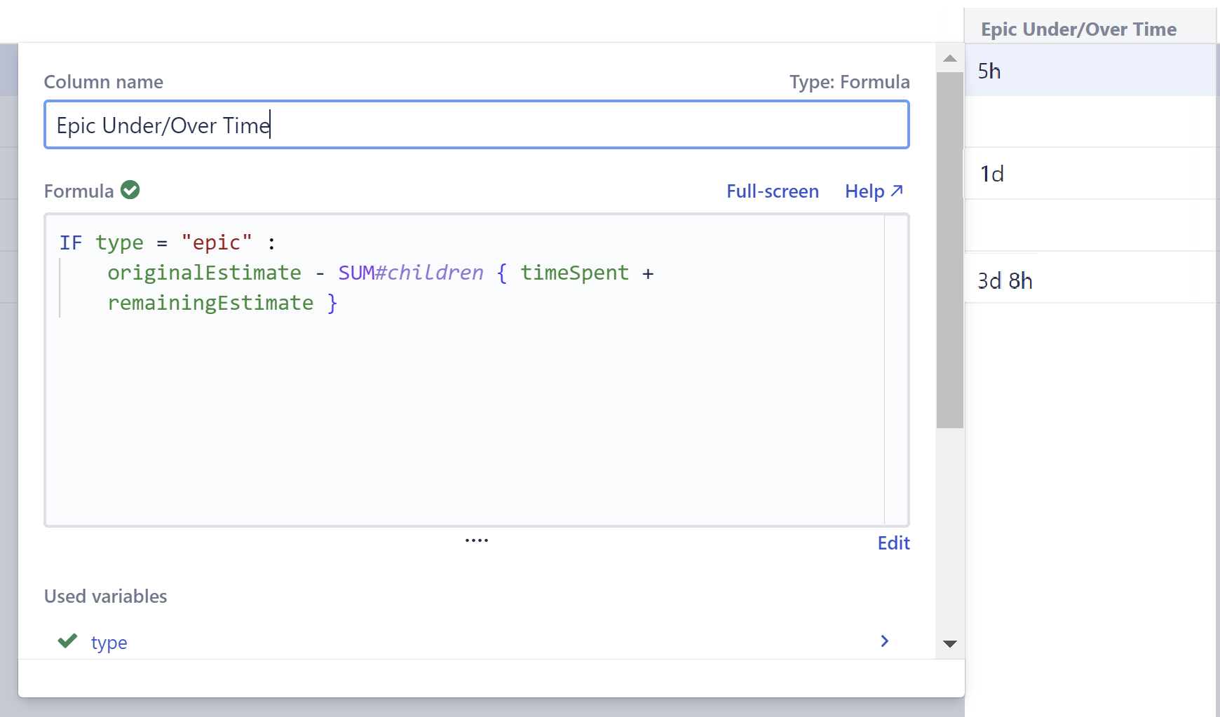 Formula editor with a check mark indicating a successful formula