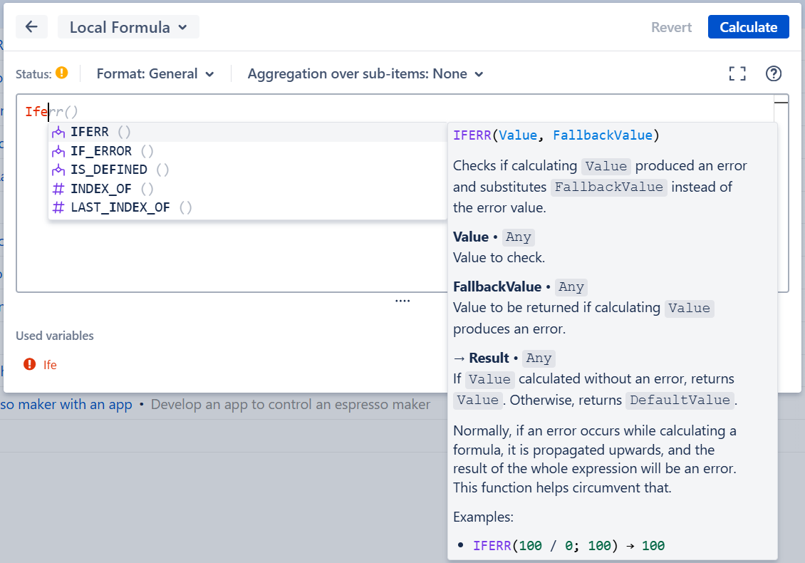 Formula editor offering suggestions and information