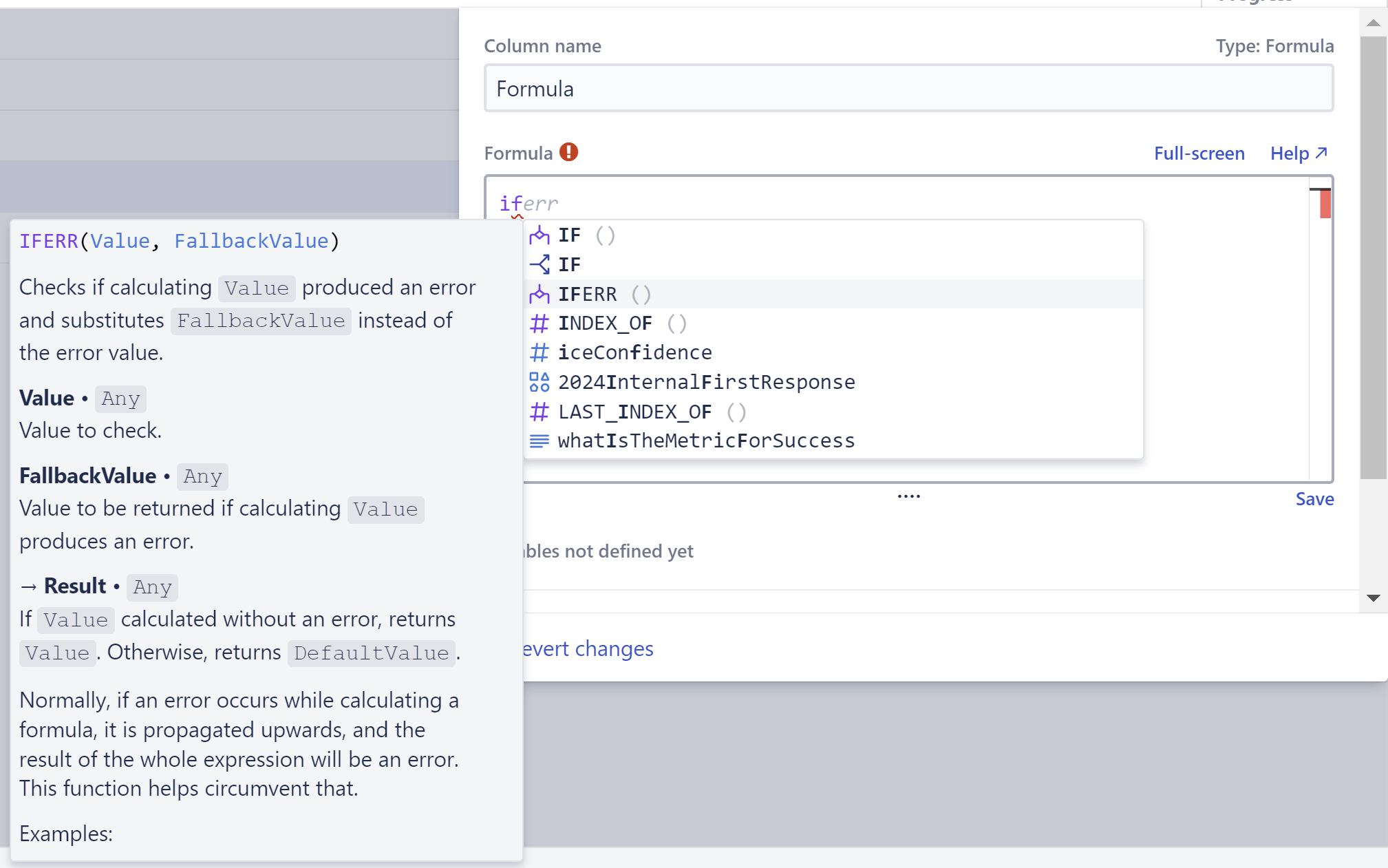 Formula editor with suggested functions