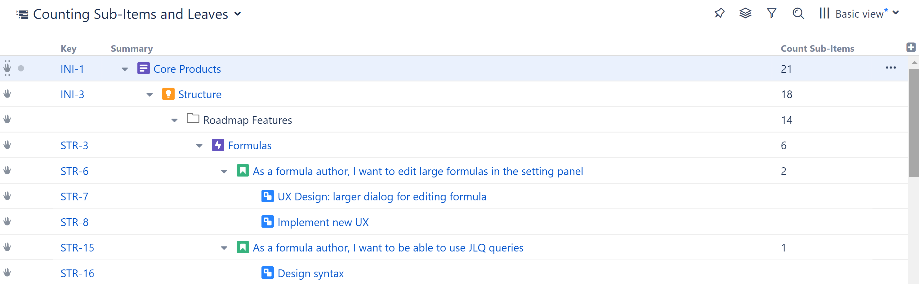 Structure with Count Sub-Items column