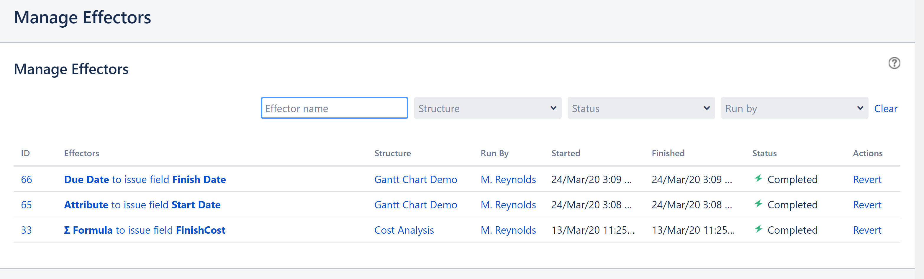 Manage Effectors screen