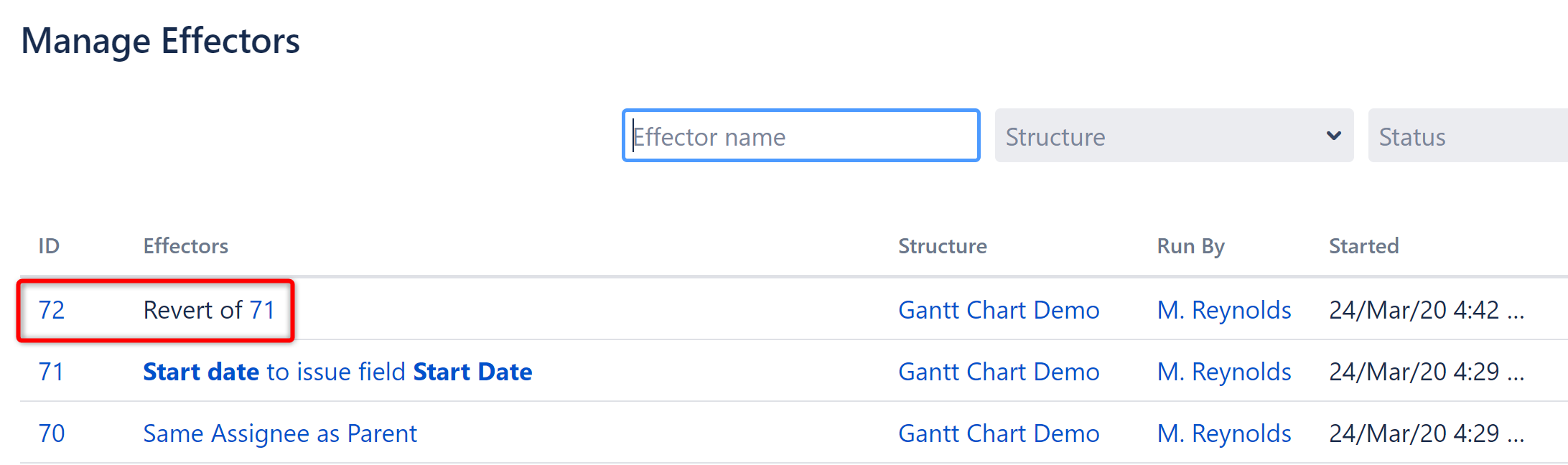 Revert process listed on the Effector Processes screen