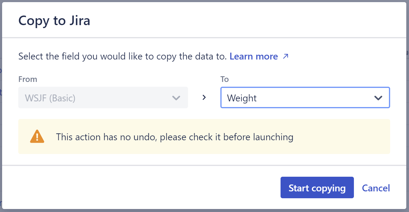 Copy to Jira pop-up window