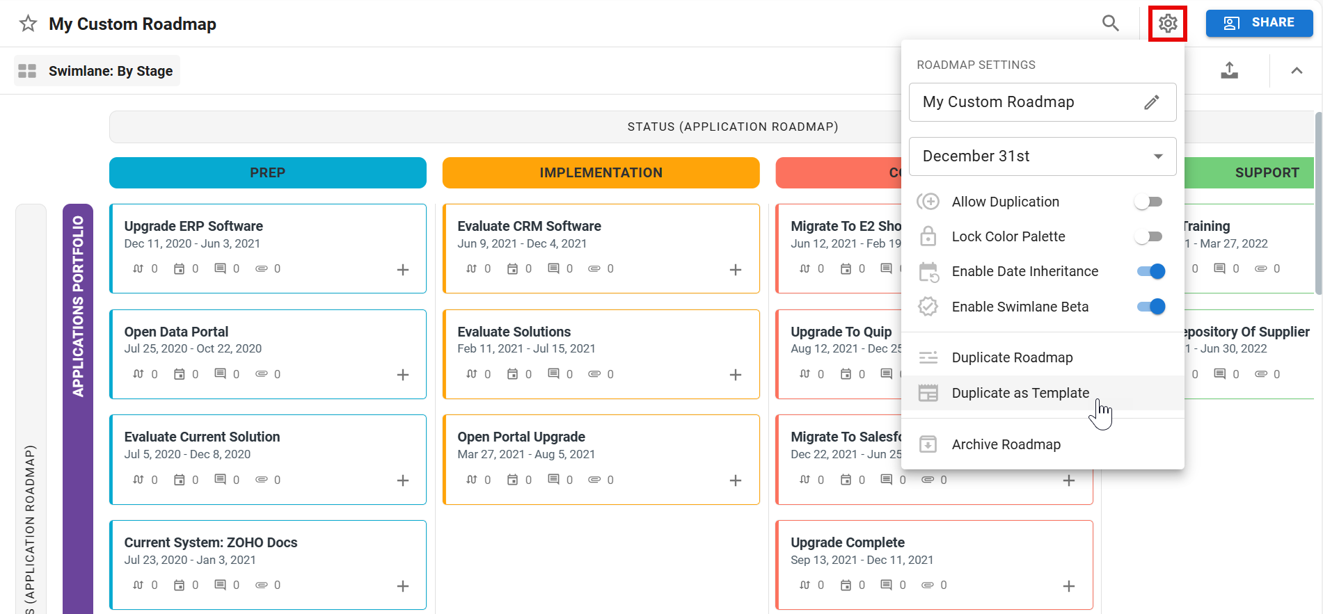 Duplicate as Template option in the roadmap settings menu