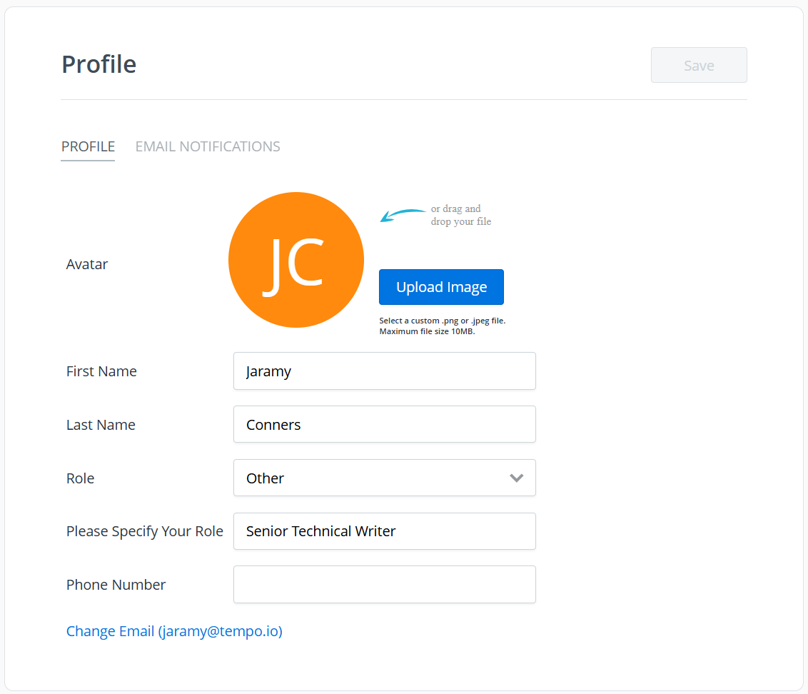 Profile settings screen