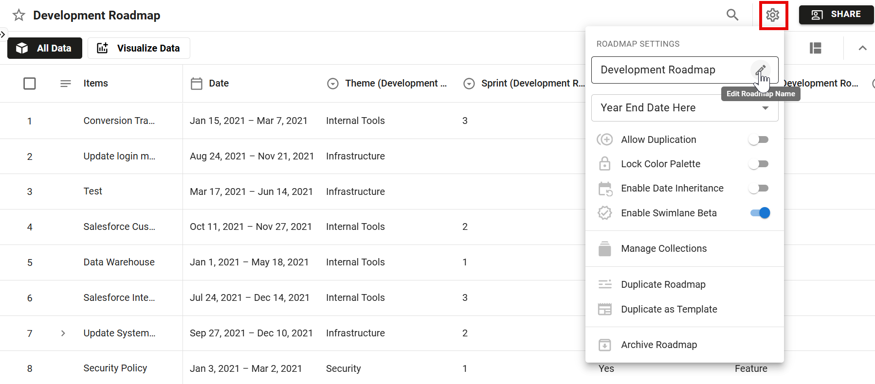 Change a roadmaps name from within the roadmap