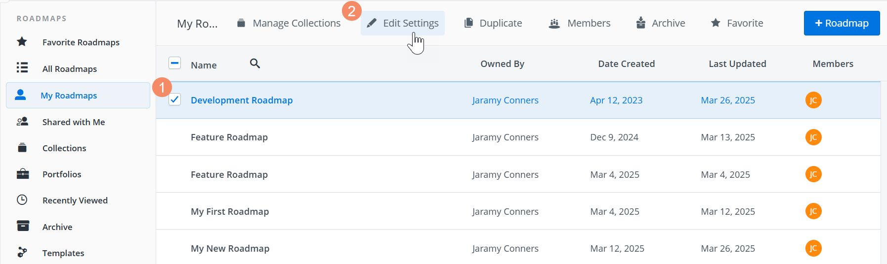 Edit Roadmap settings