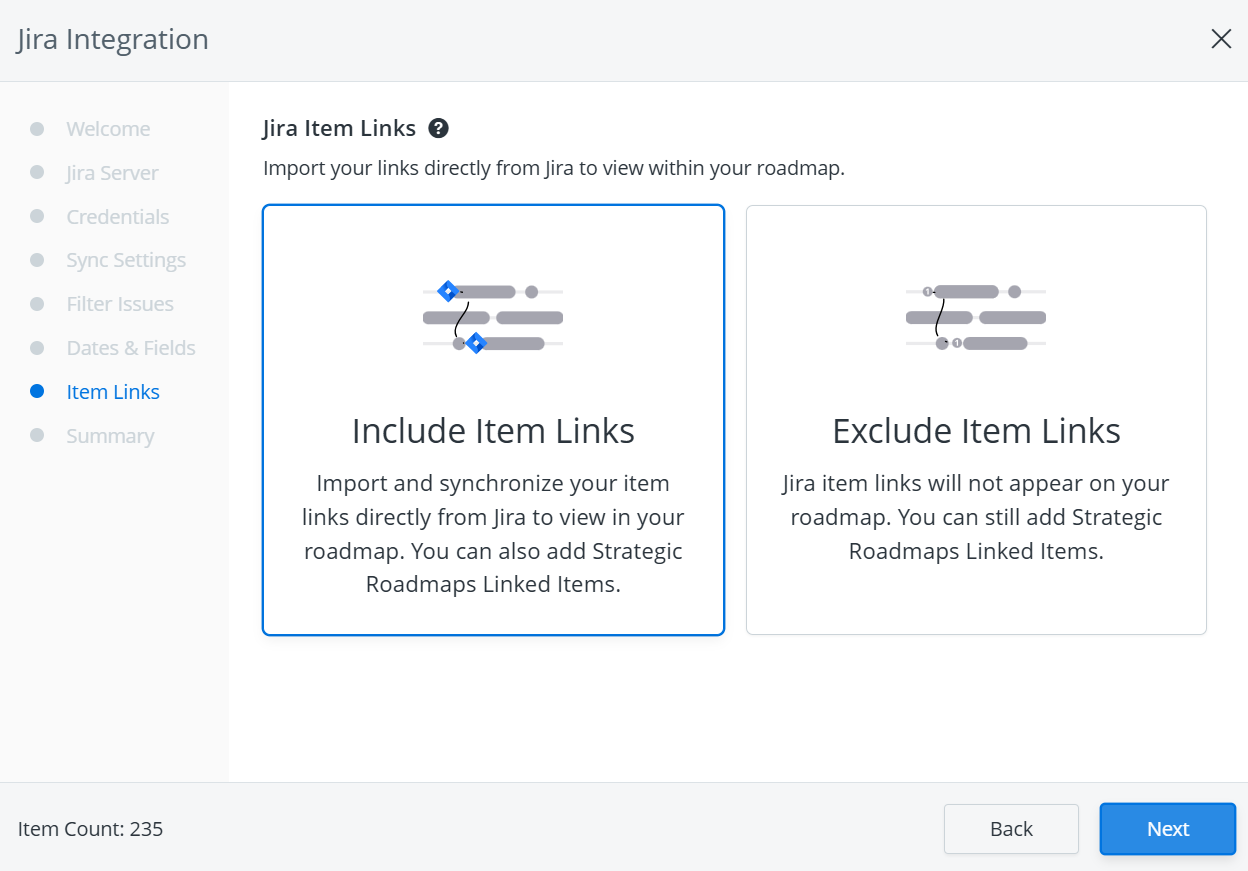 Item links screen in the Jira integration setup