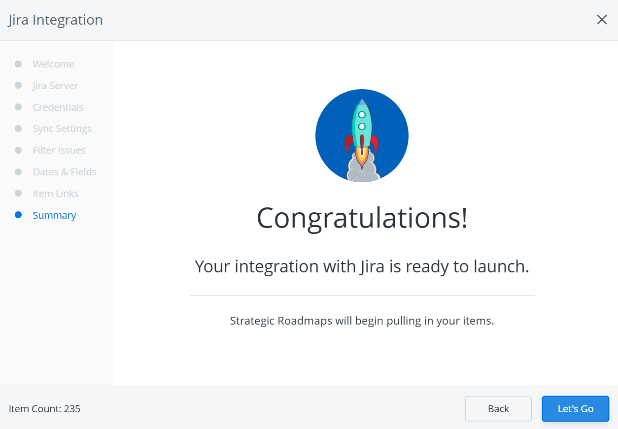 Summary screen in the Jira integration setup