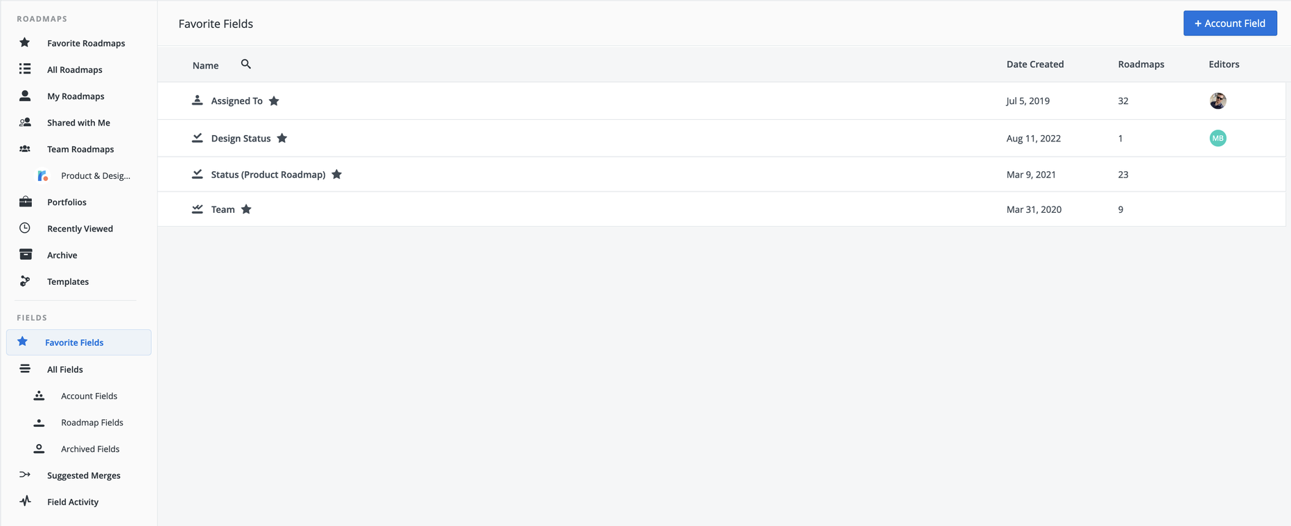 Favorite fields list