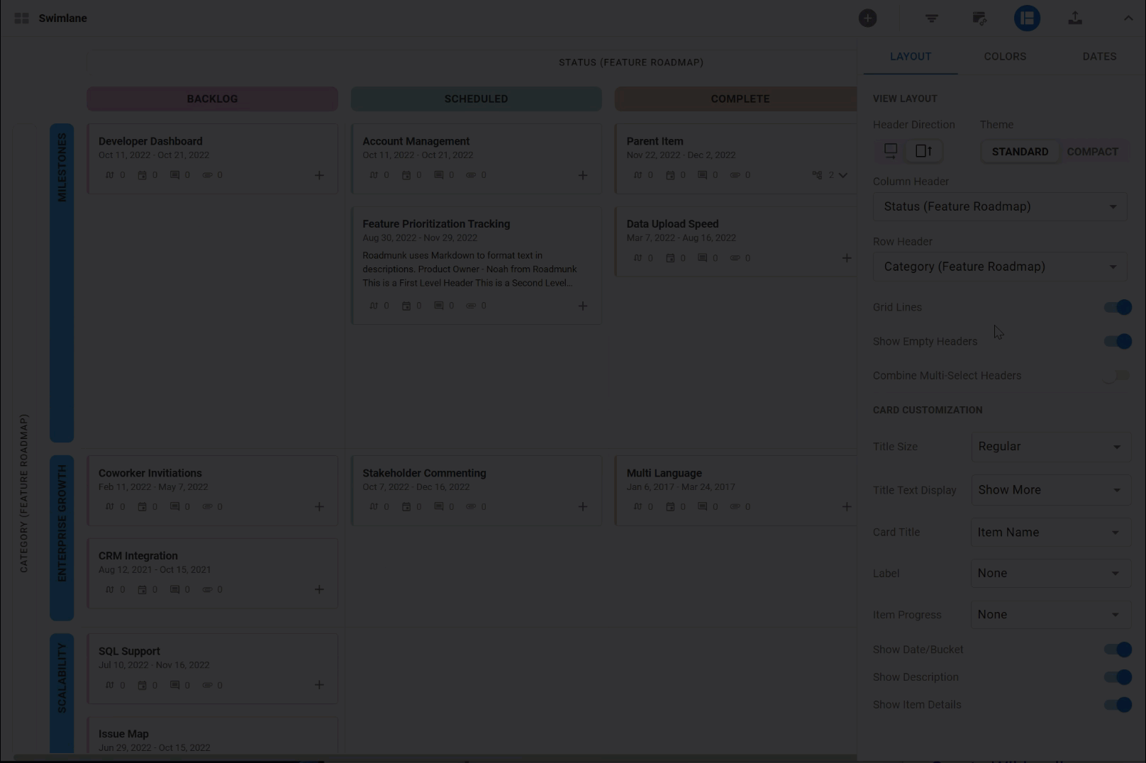 Changing the row header in a swimlane