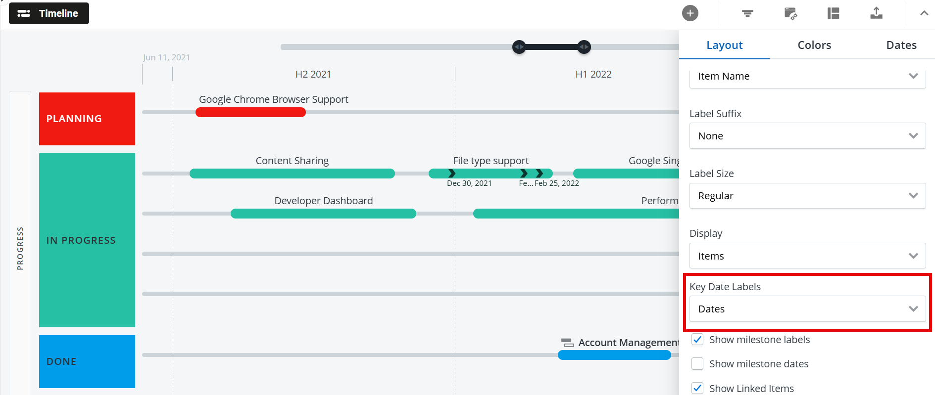 Key date labels option highlighted in the Format menu