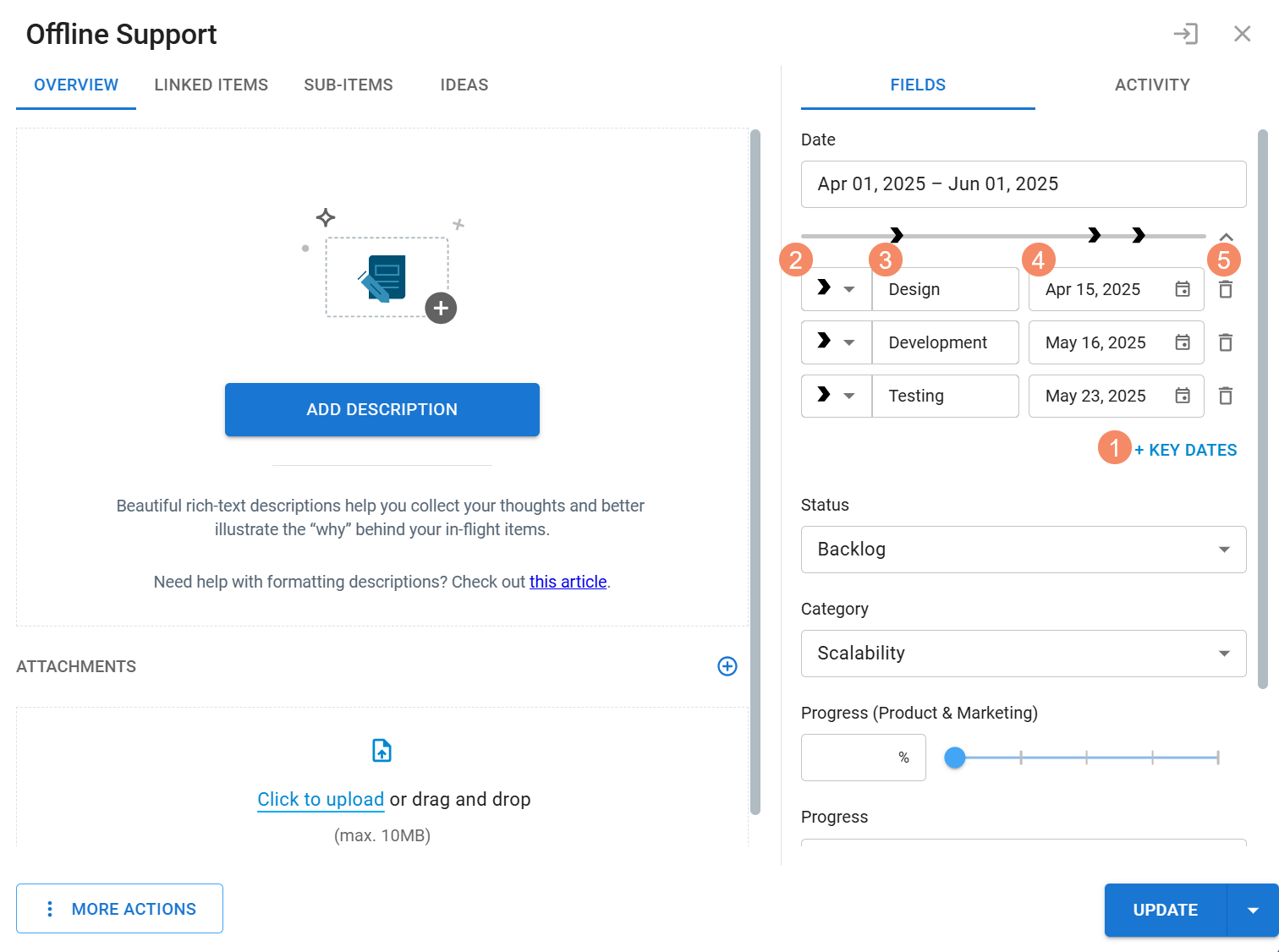 Labeled steps for creating key dates for a roadmap item