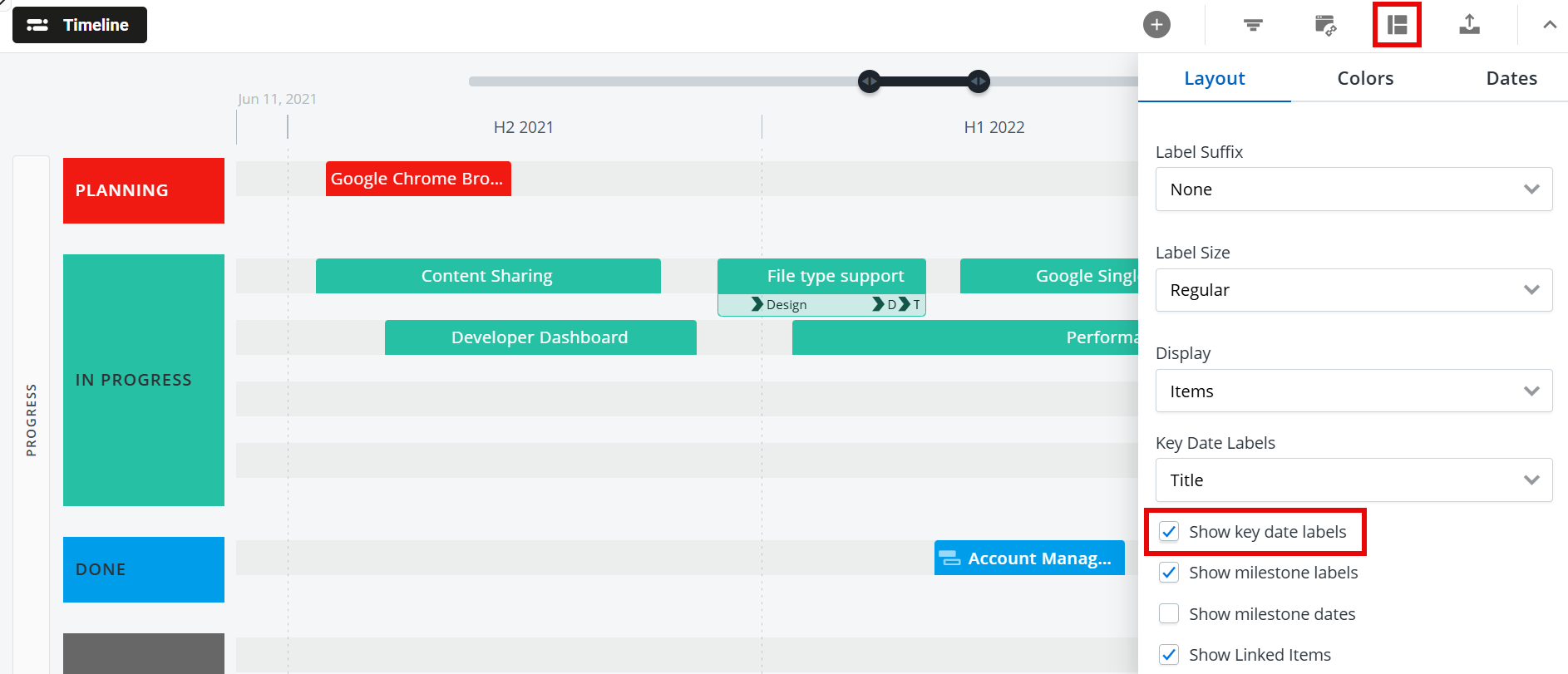 Show key date labels option highlighted in the Format menu