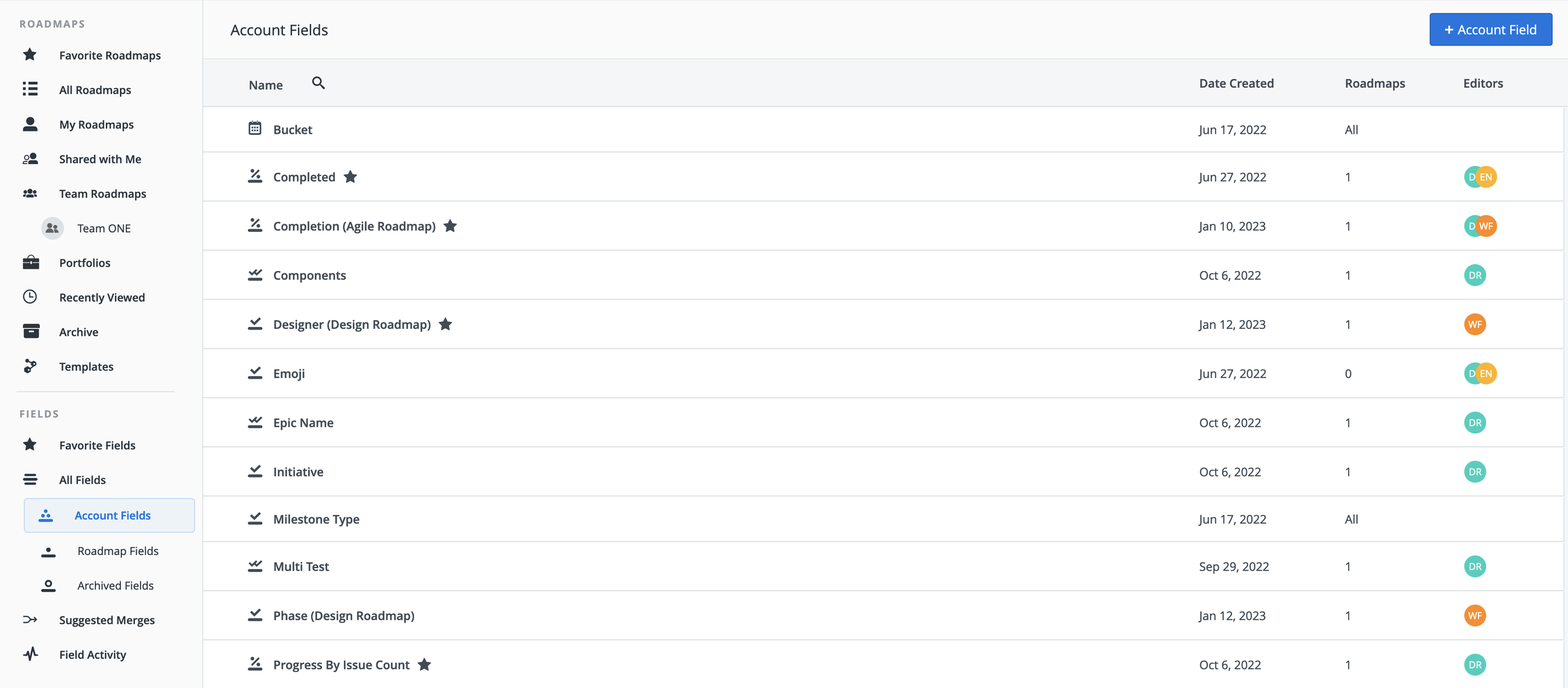 Account Fields list