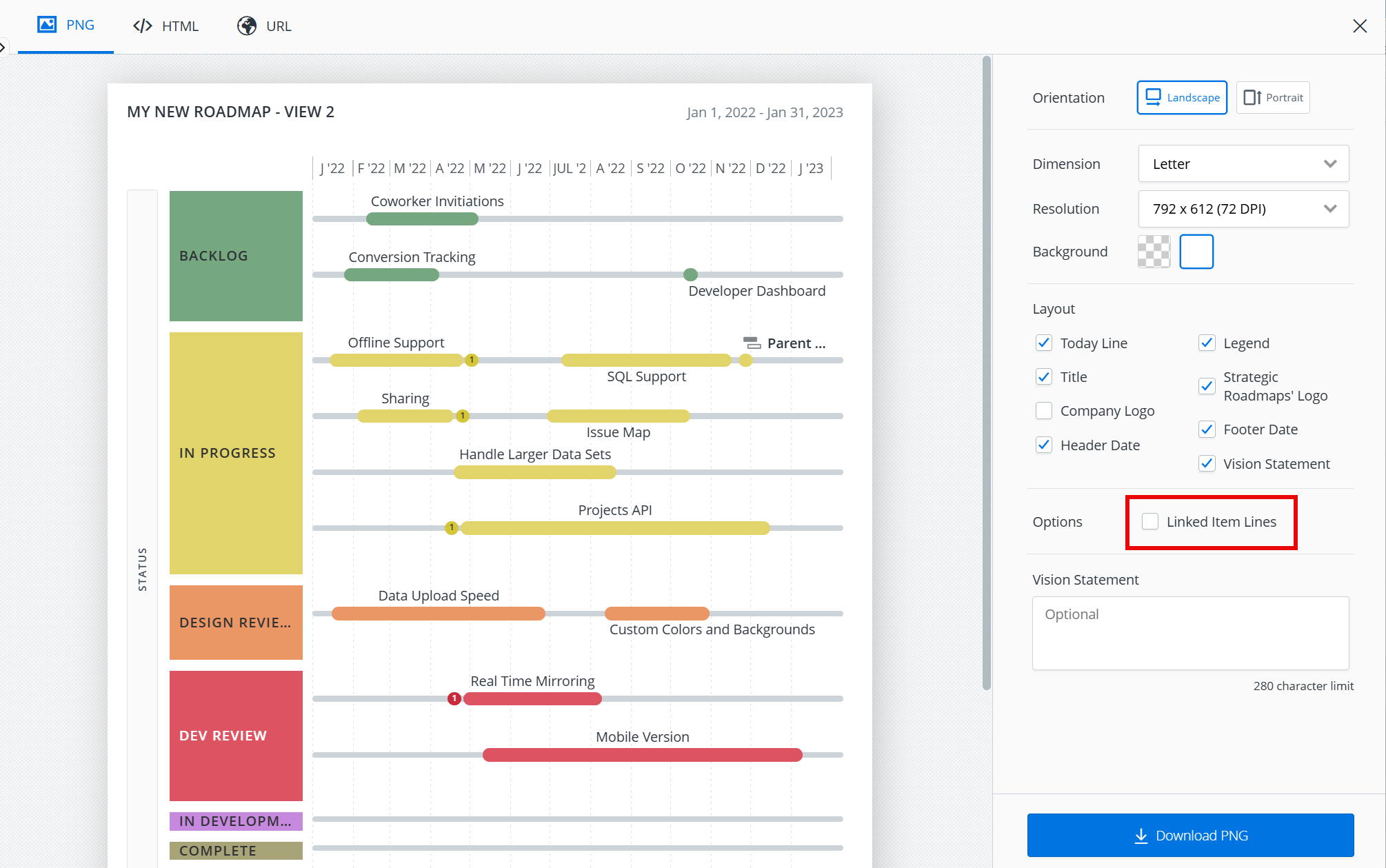 Linked item lines option in a PNG export