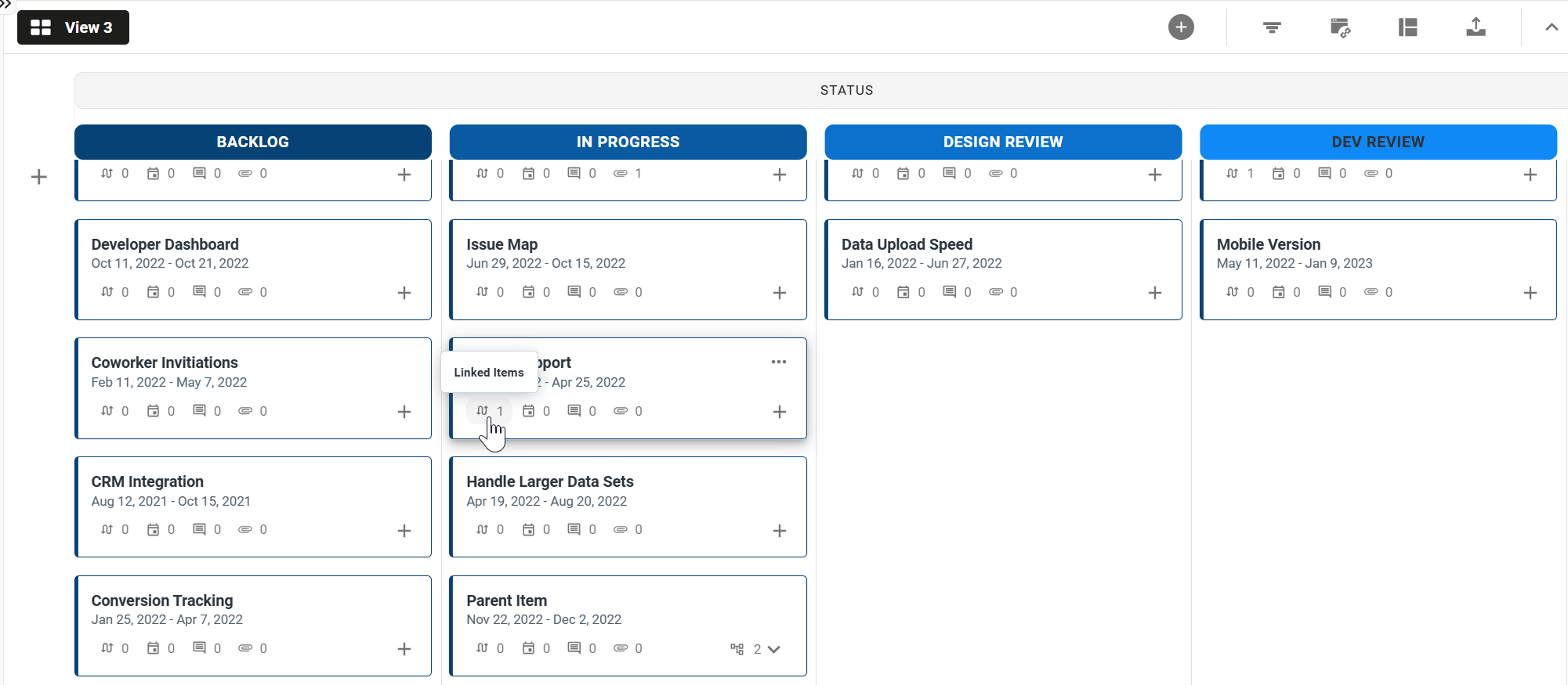 Linked items count on a swimlane visualization