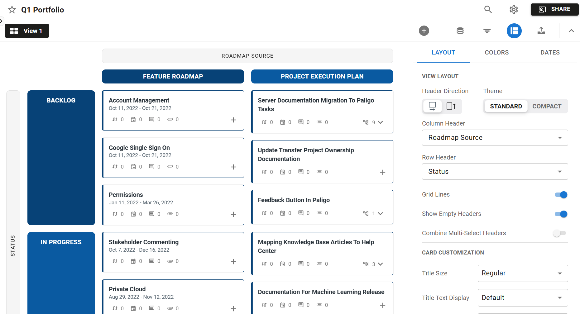 Portfolio roadmap with the Formatting menu expanded