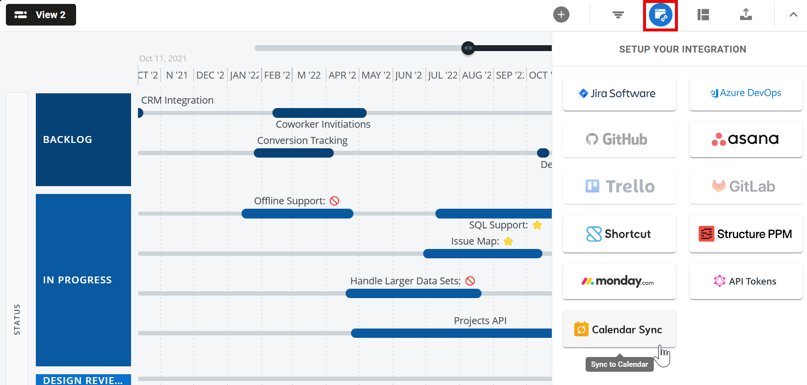 Selecting Calendar Sync in the Integrations menu