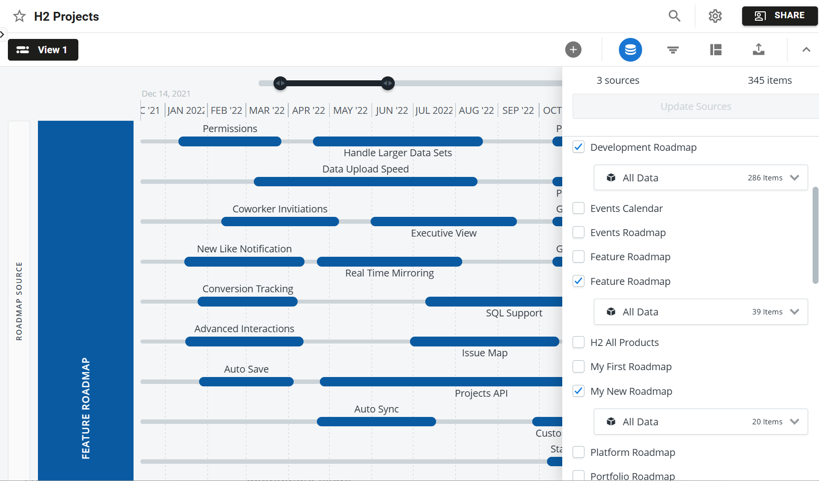 Filled portfolio roadmap with the source menu open