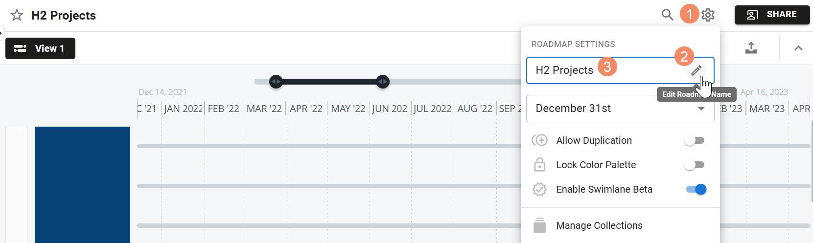 Numbered steps to rename a portolio roadmap