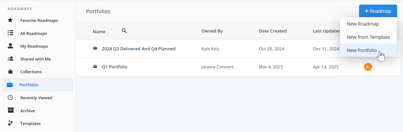 Selecting a New Portfolio from the Add Roadmap menu